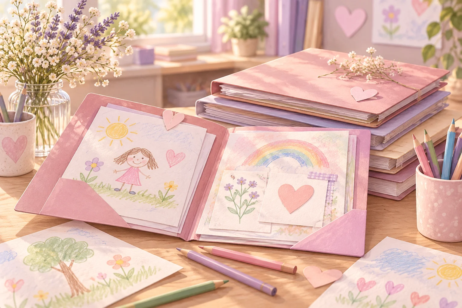 Carpetas de trabajos infantiles con dibujos, lápices y pequeños corazones de papel sobre una mesa docente.