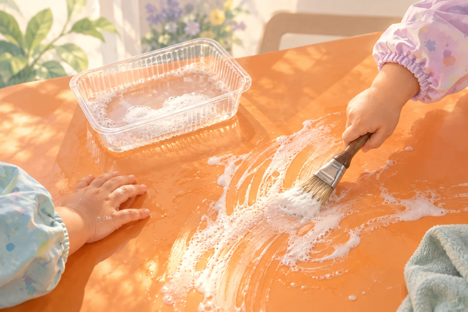Manos de niñas y niños exploran pintura con agua y espuma sobre una mesa naranja, junto a una brocha y un recipiente.