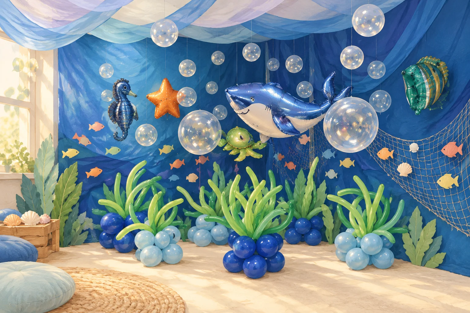 Rincón de juego que representa el mar con telas azules, peces decorativos, inflables y burbujas transparentes.