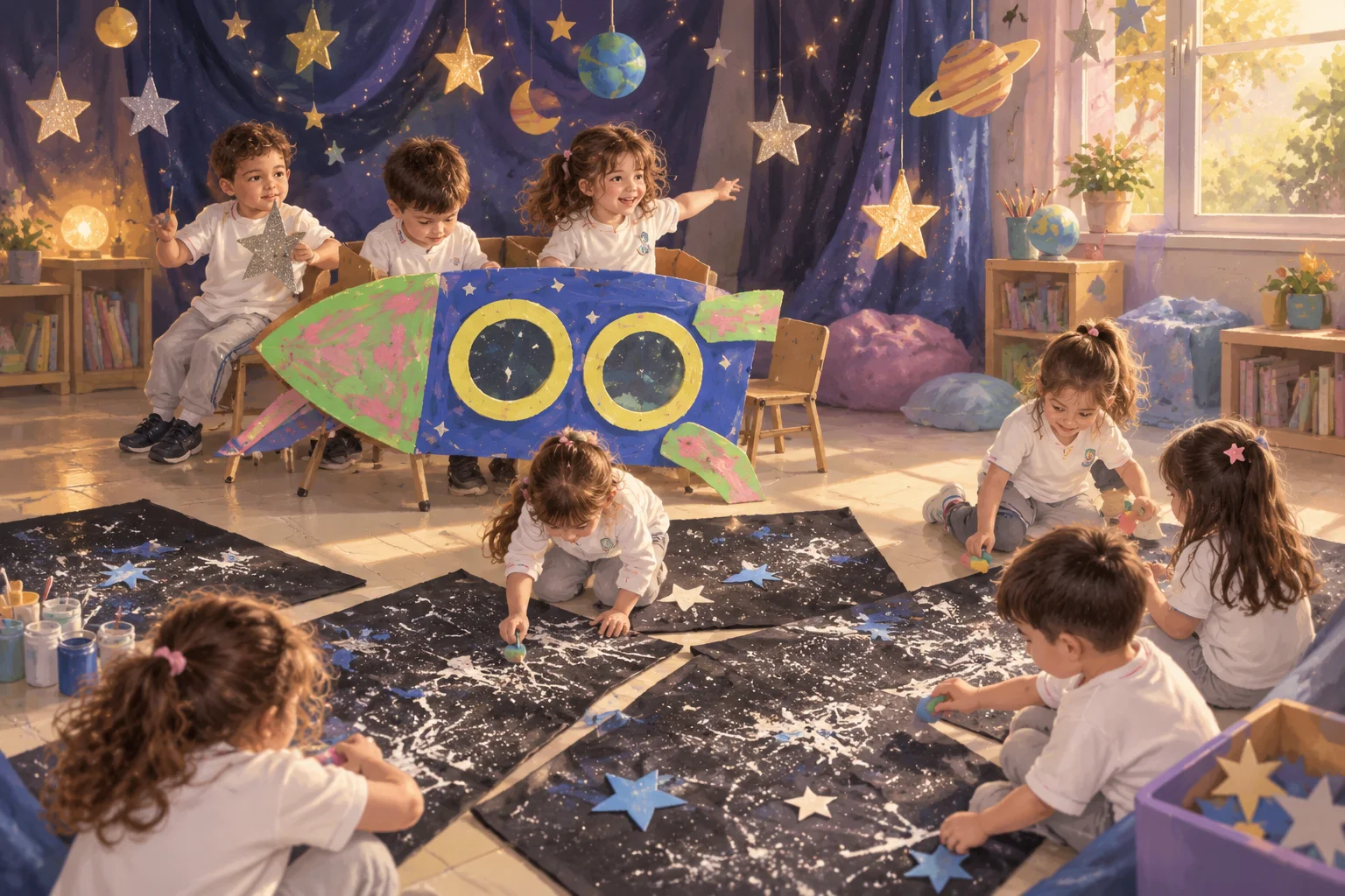 Niñas y niños juegan con una nave de cartón entre telas oscuras y estrellas en una sala de jardín.