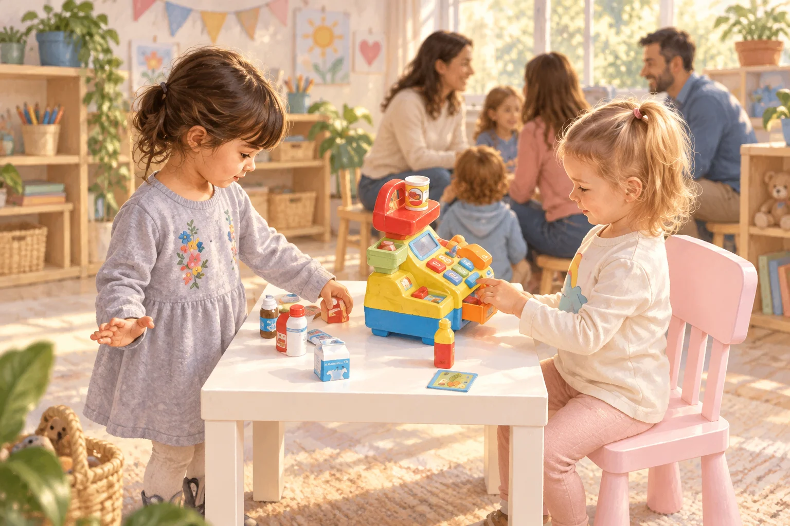 Dos niñas juegan con una caja registradora de juguete y envases sobre una mesa baja durante un encuentro escolar.