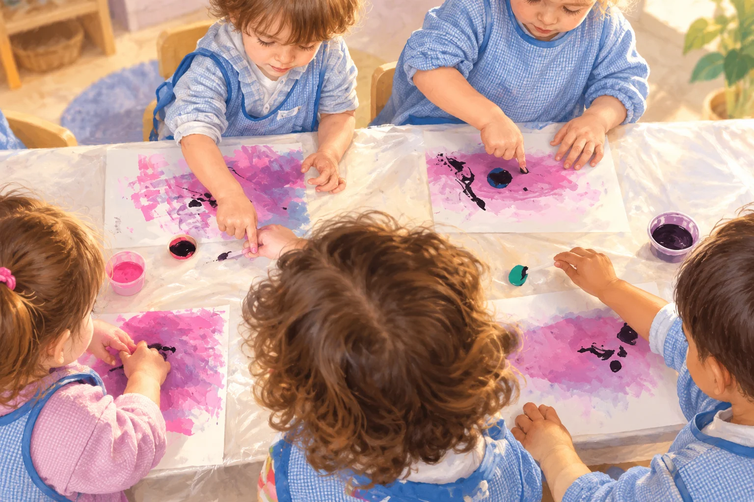 Niñas y niños de jardín maternal exploran pintura sobre hojas blancas en una mesa, con guardapolvos celestes.