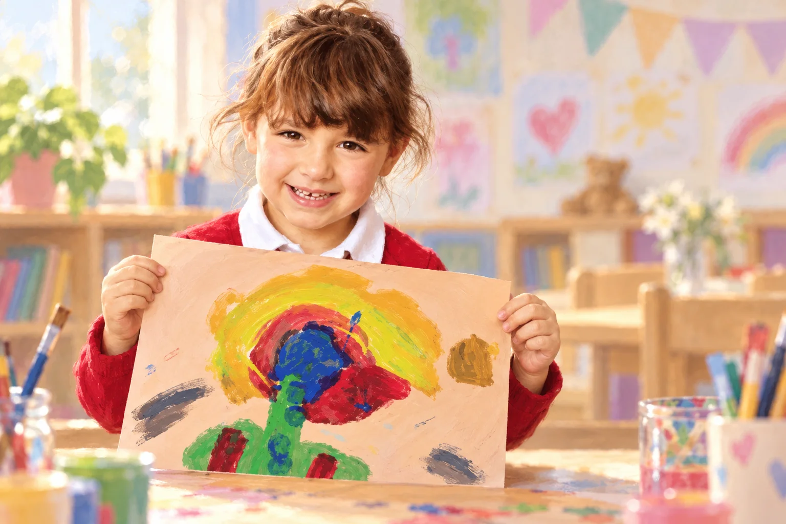 Una niña sonriente muestra una pintura infantil colorida sobre papel en una sala luminosa.