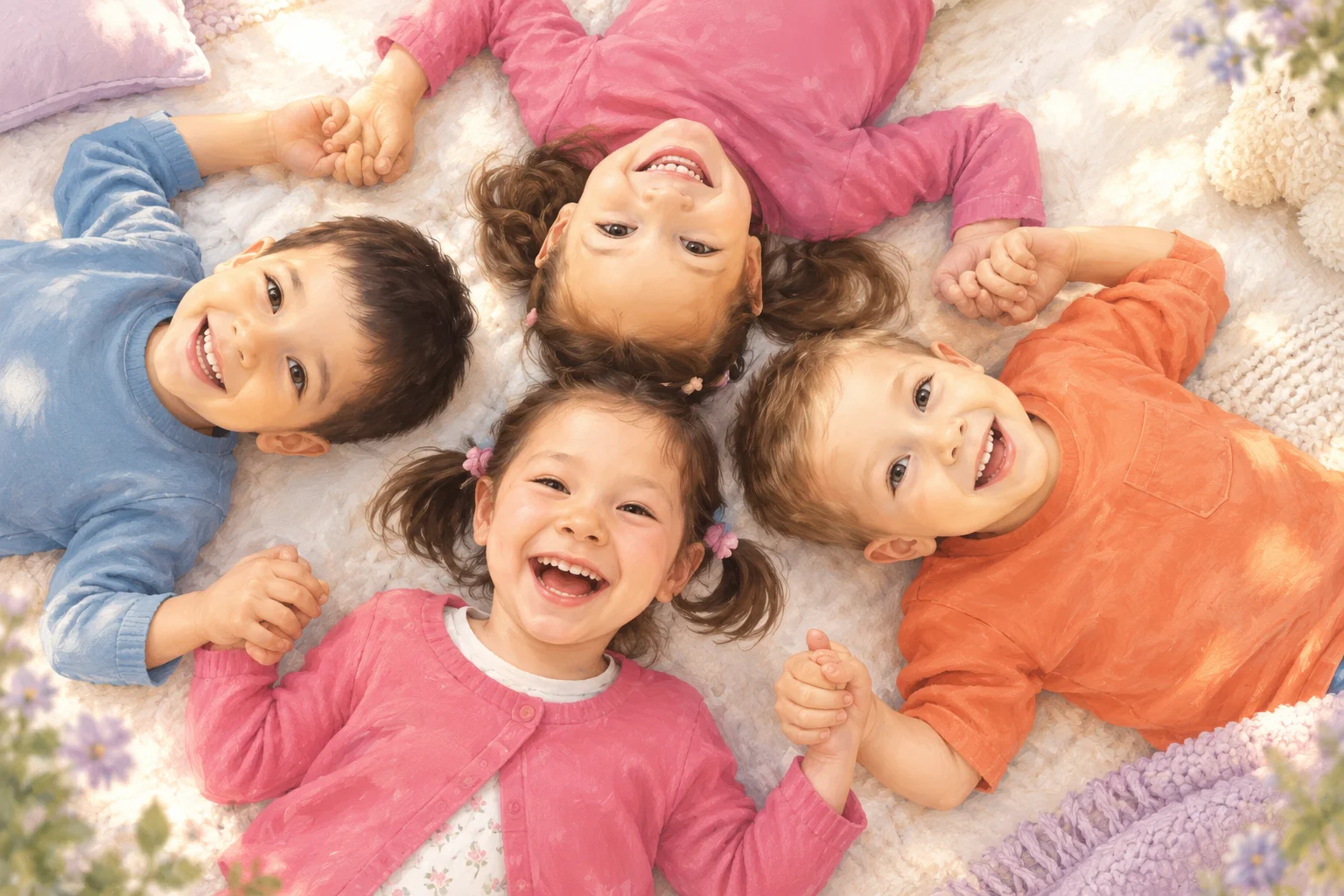 Niñas y niños sonríen recostados sobre una manta, con sus cabezas formando un círculo, vistos desde arriba.