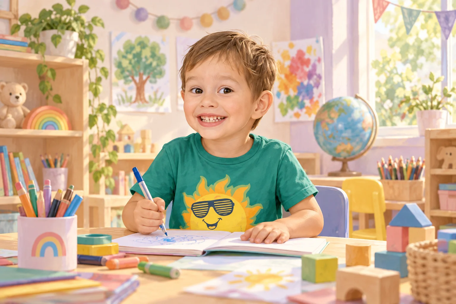 Un niño con remera verde y un sol dibujado sostiene un lápiz junto a dibujos y bloques de construcción.