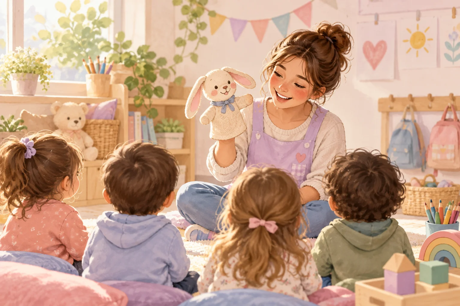 Una docente presenta un títere de conejo a un grupo de niños sentados en ronda, junto a juguetes del aula.