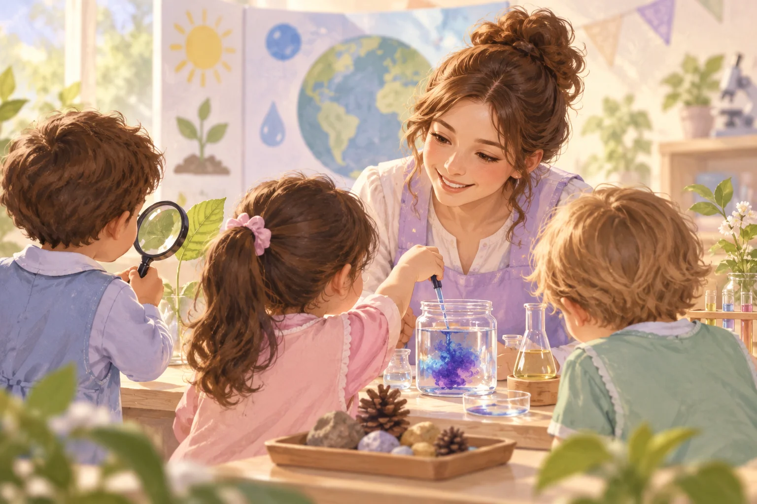 Una docente y tres niños exploran frascos, una lupa y elementos naturales sobre una mesa del aula.