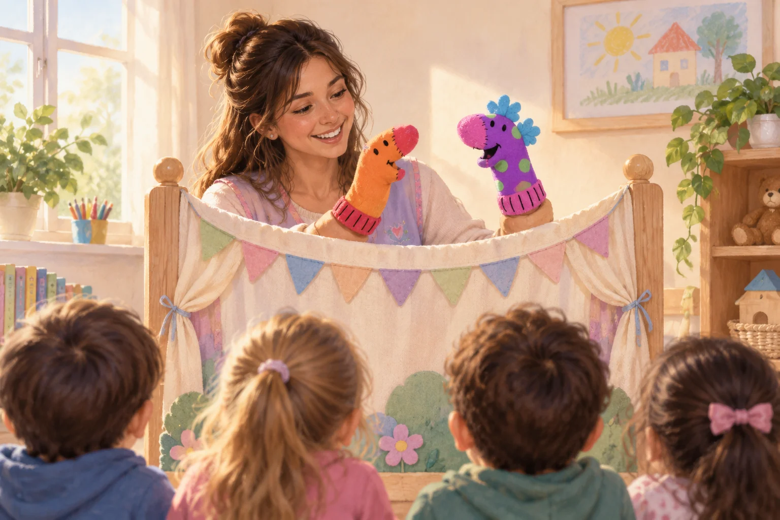 Una docente representa una obra con dos títeres de colores detrás de un pequeño escenario, ante un grupo de niños.