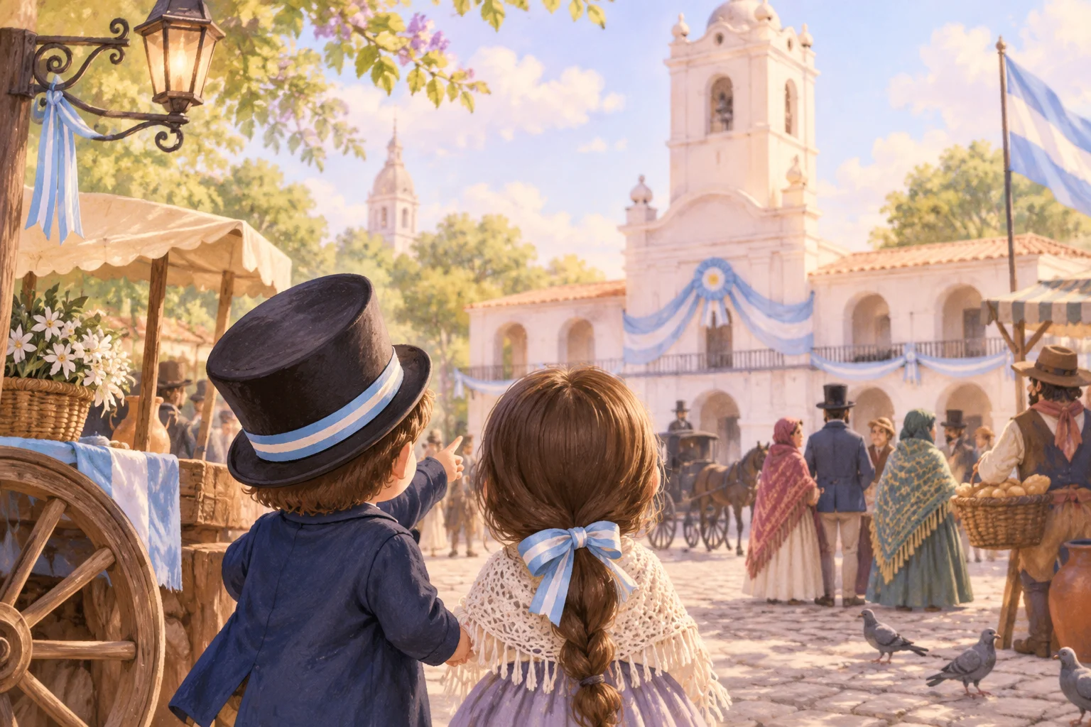Ilustración de dos niños ante el Cabildo adornado con cintas celestes y blancas, con personajes y carruajes coloniales.