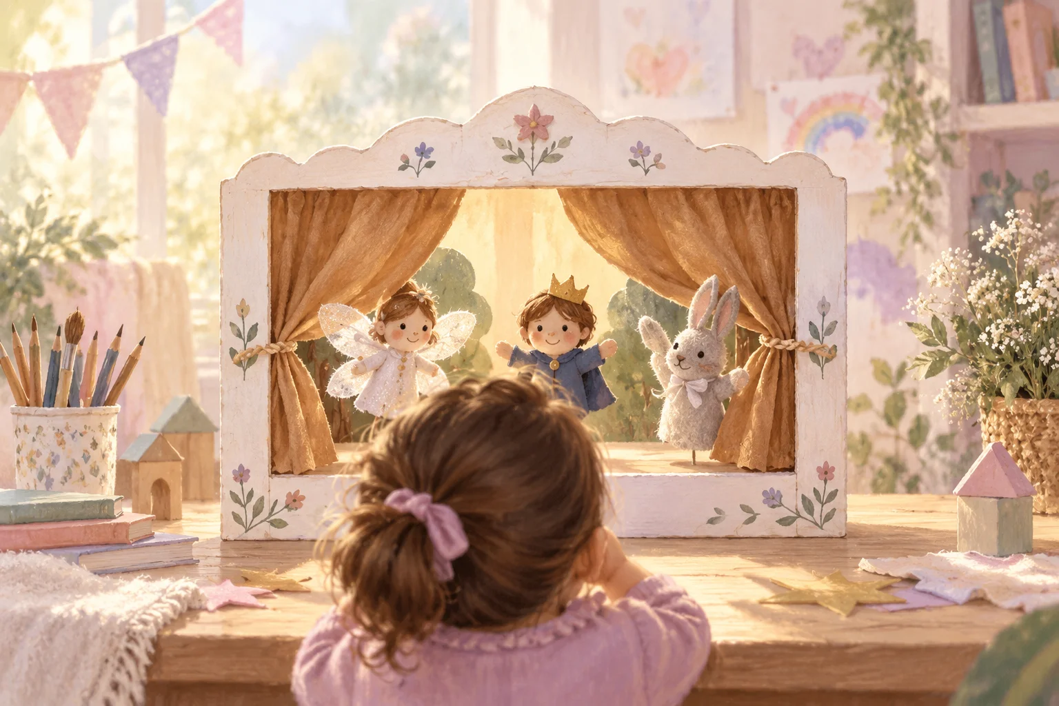 Una niña observa un pequeño teatro de títeres de madera con personajes de cuento y cortinas en tonos suaves.