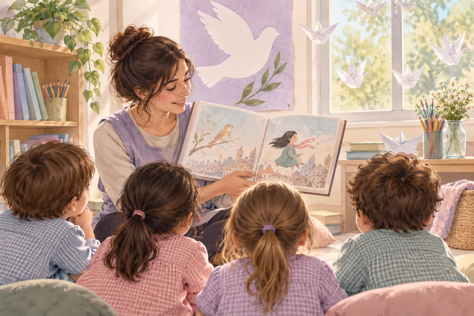 Una docente comparte un libro ilustrado con un grupo de niños, junto a palomas de papel y detalles de memoria y paz.