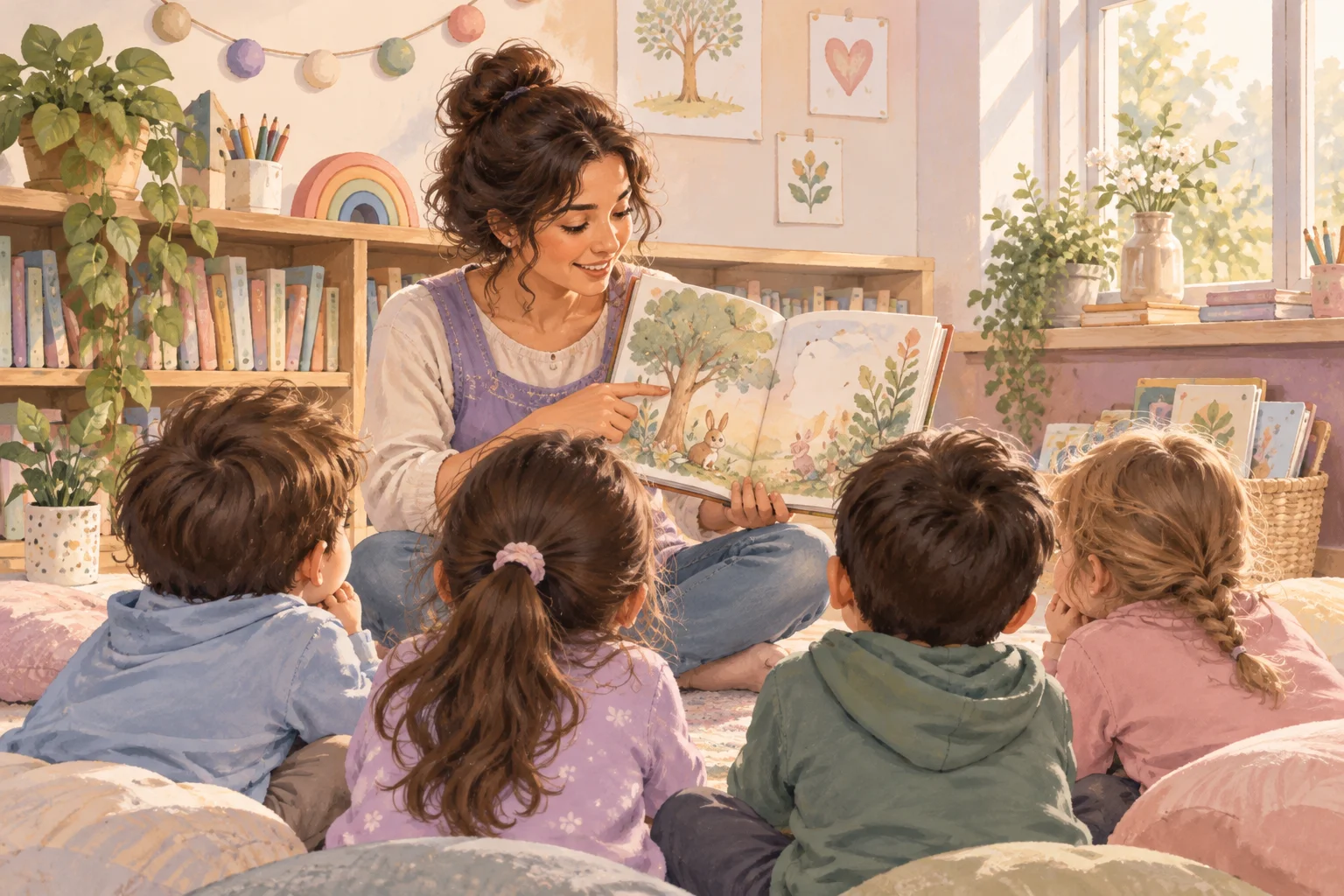 Una docente comparte un libro ilustrado con niños sentados en ronda, rodeados de materiales del aula.