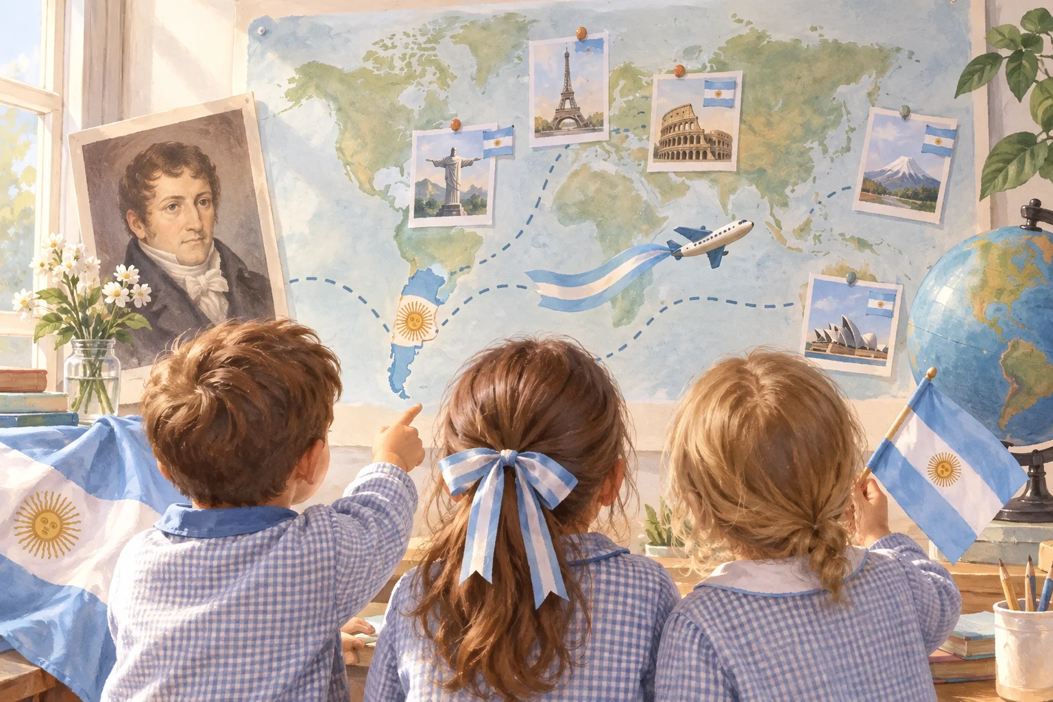 Niños observan un mapa de la Argentina con banderas, postales de lugares y un retrato enmarcado.
