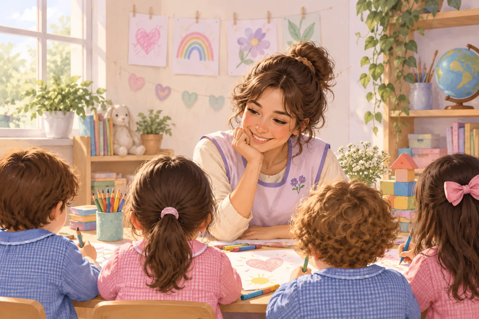 Una docente sonriente conversa con un grupo de niños sentados alrededor de una mesa del aula.