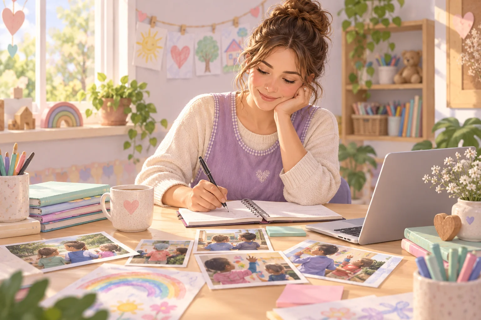 Una docente escribe junto a fotografías de experiencias infantiles, carpetas y un cuaderno de observaciones.