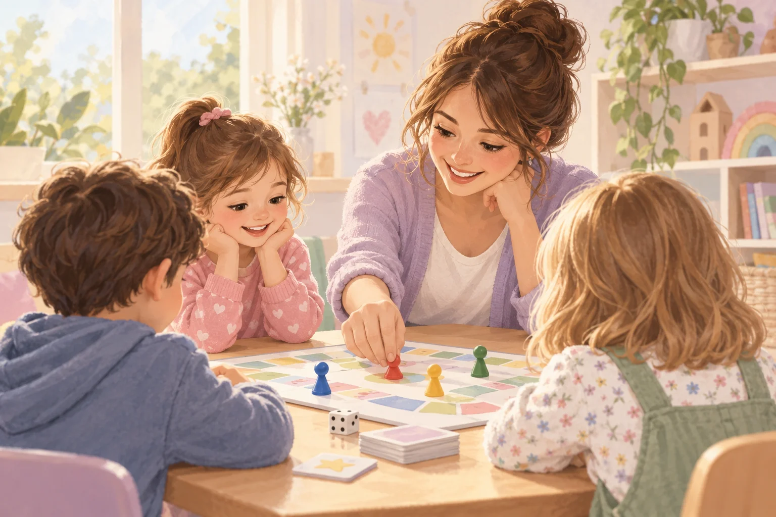 Una docente y tres niños comparten un juego de mesa con fichas de colores y un dado.