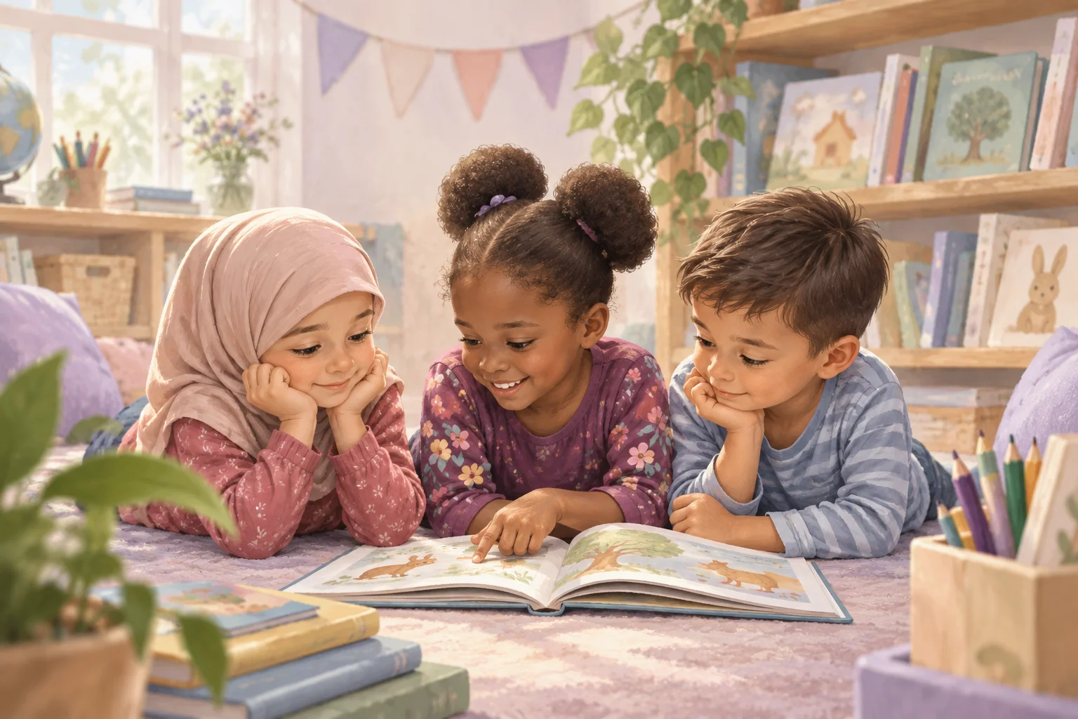 Tres niños observan juntos las ilustraciones de un libro abierto en una mesa del aula.