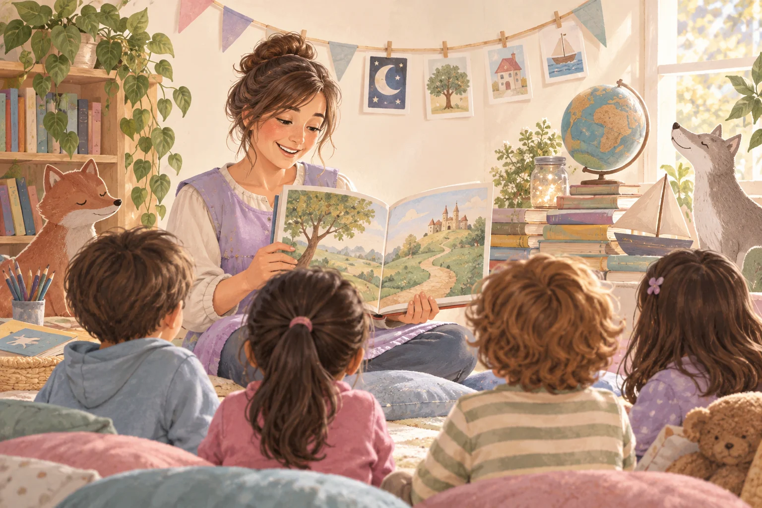 Una docente lee un libro ilustrado ante un grupo de niños, con cuentos y personajes en el espacio de lectura.