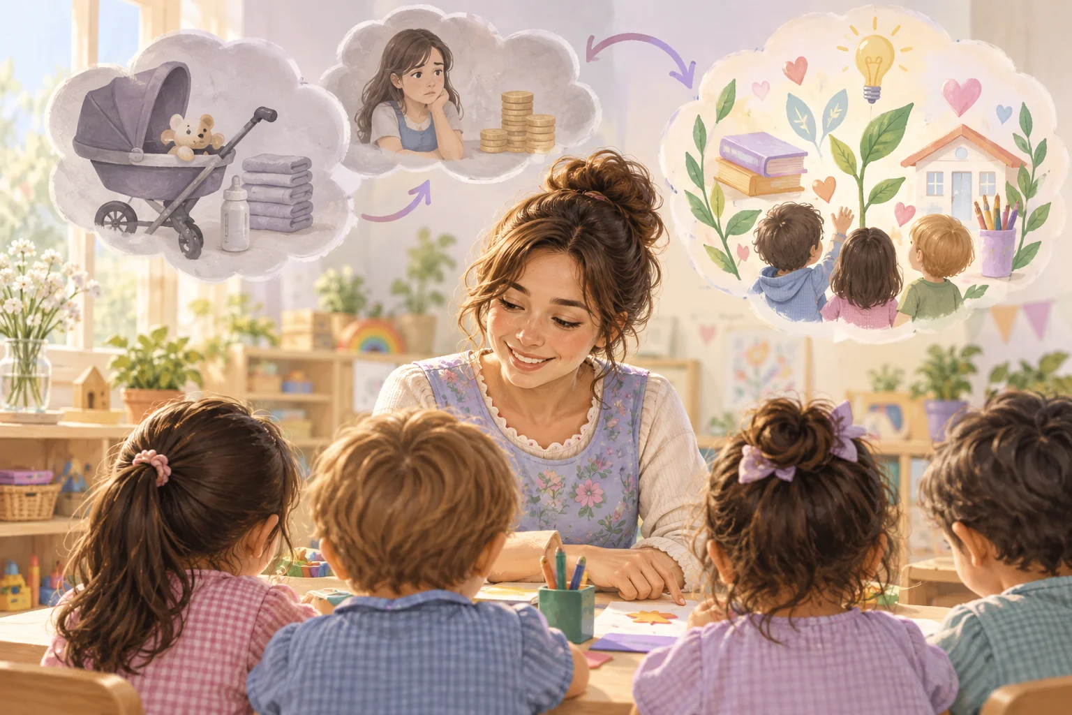 Una docente comparte un libro con niños en ronda, junto a ilustraciones de la crianza, la economía y el aprendizaje.