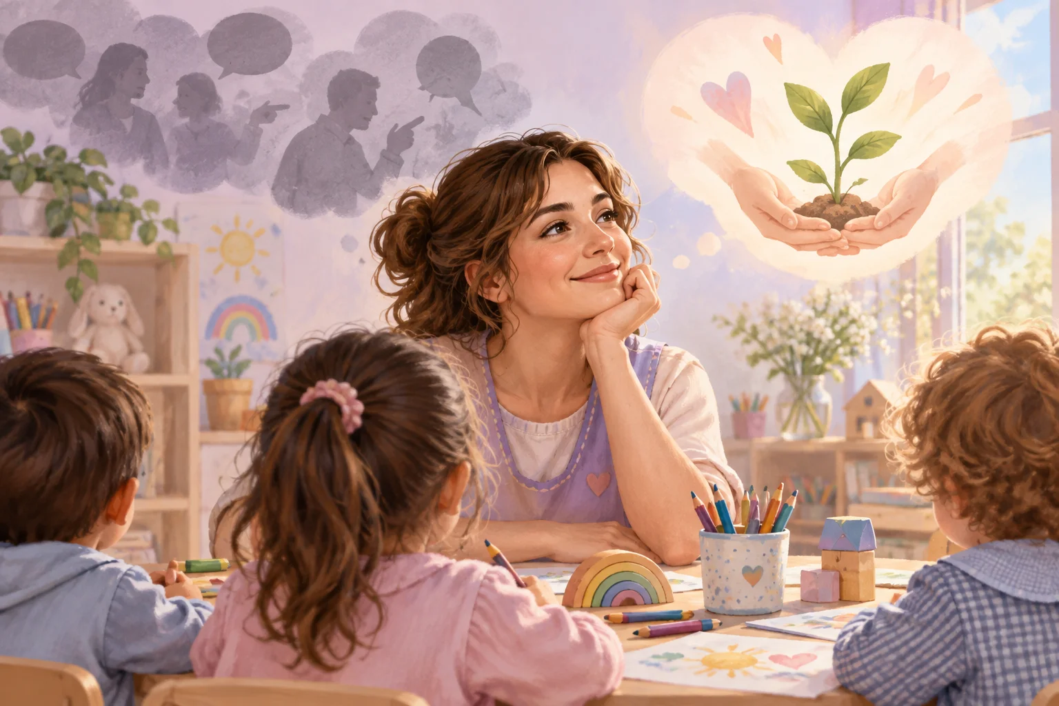 Una docente pensativa acompaña a niños en una mesa, ante un mural con sombras de grupos y una planta sostenida entre manos.