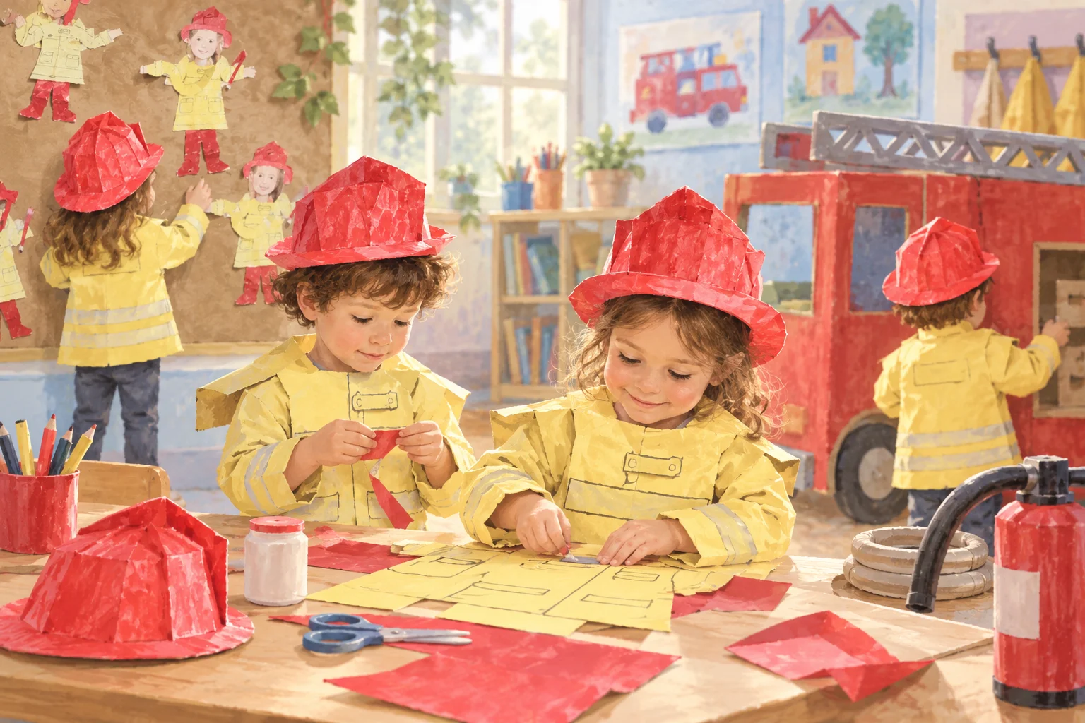 Dos niños con cascos rojos de papel preparan materiales en una mesa, junto a un camión y un mural de bomberos.