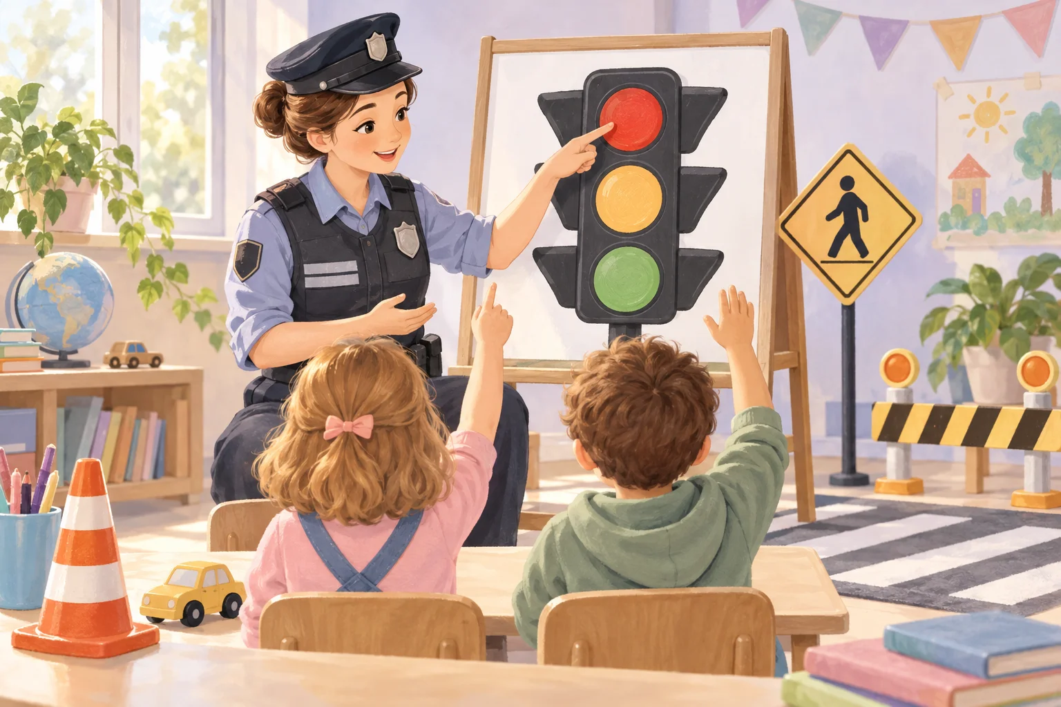 Una docente caracterizada como agente de tránsito presenta un semáforo y señales en un escenario de juego vial.