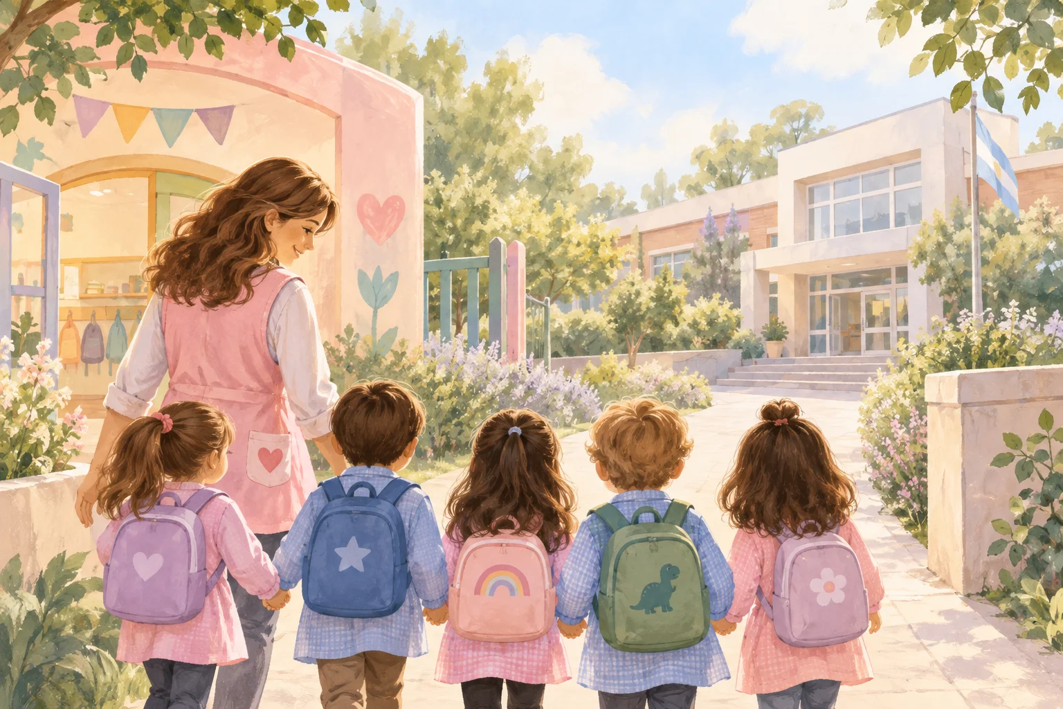 Una docente acompaña a cuatro niños con mochilas hacia la entrada de una escuela.
