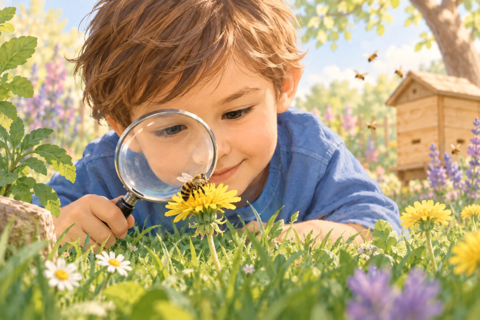 Un niño observa una flor amarilla con una lupa entre hierbas y flores de un jardín.