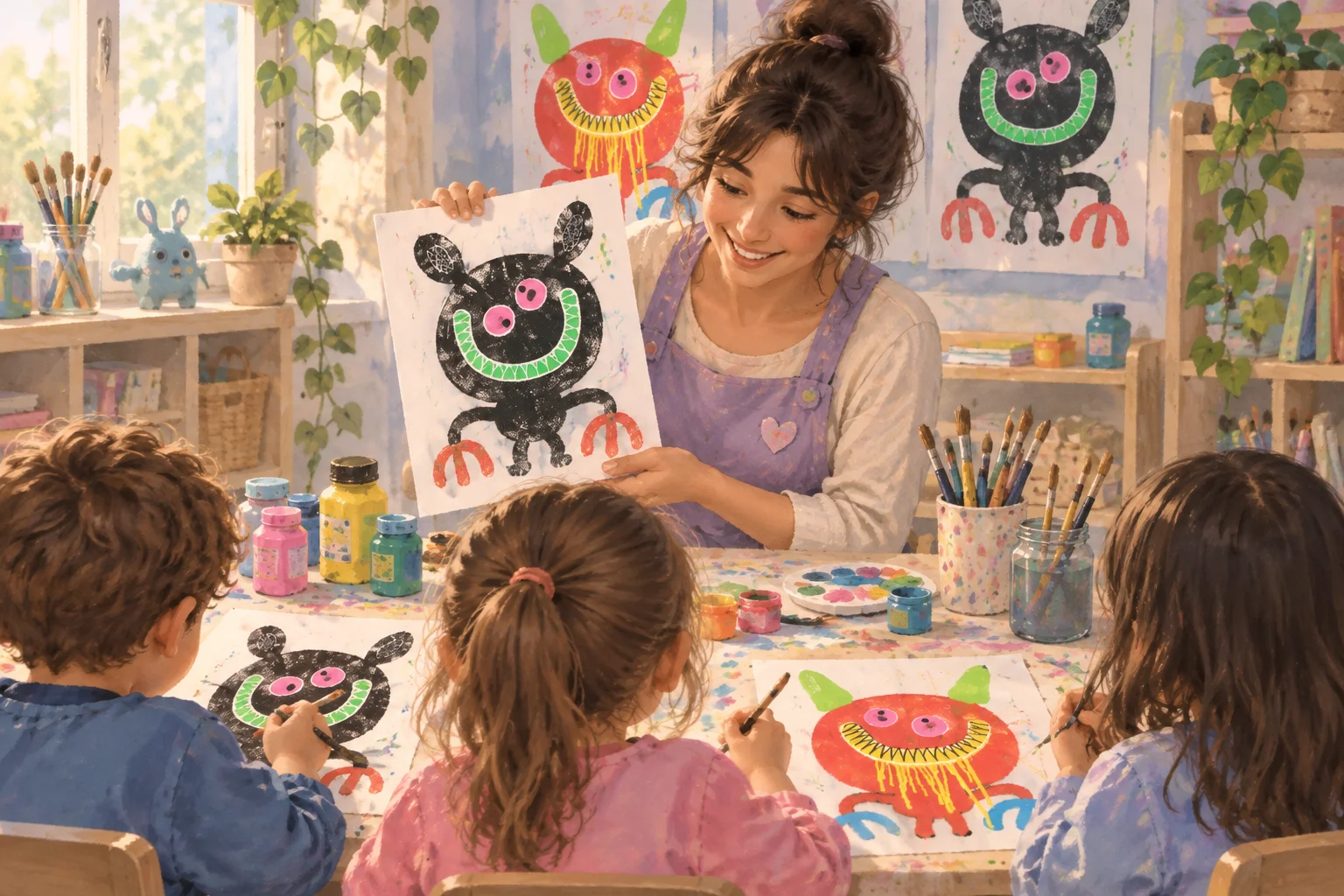 Una docente y un grupo de niños crean personajes coloridos sobre papel, con pinturas y dibujos expuestos en el aula.