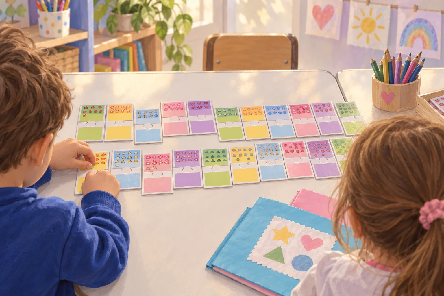Dos niños exploran tarjetas organizadas con cantidades, puntos y colores sobre una mesa del aula.