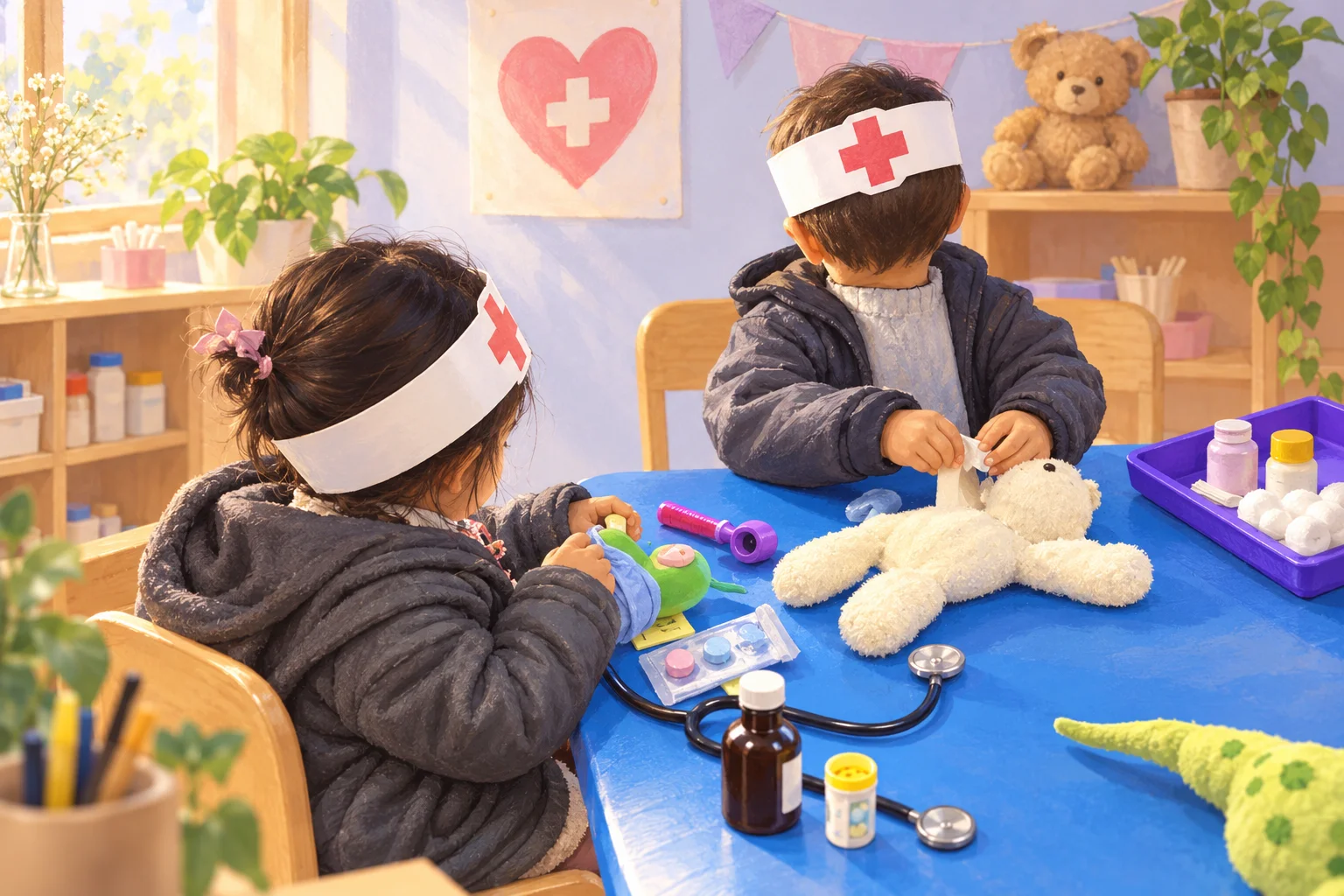 Dos niños con cofias de papel y cruces rojas juegan con un oso de peluche y materiales de cuidado sobre una mesa azul.