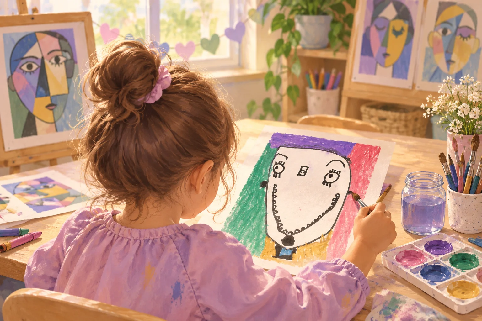 Una niña pinta un rostro de distintos colores en una hoja, con retratos y pinturas expuestos en el aula.