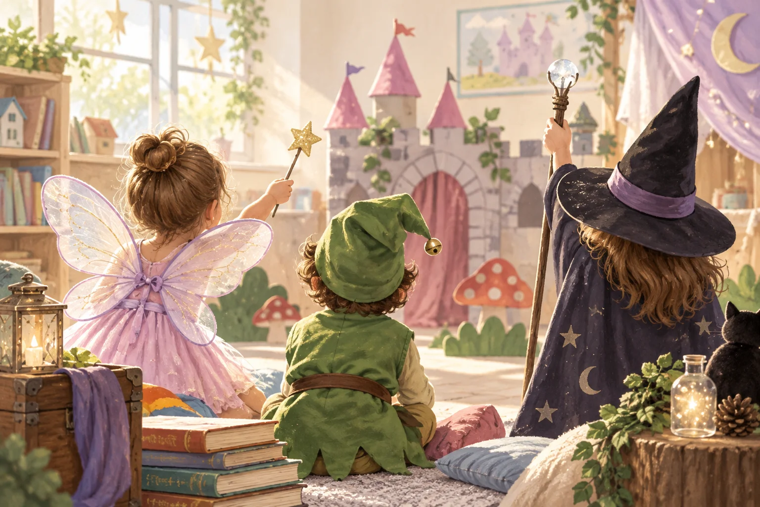 Niños caracterizados como hada, duende y bruja comparten un escenario de juego con castillo, estrellas y hongos de cartón.