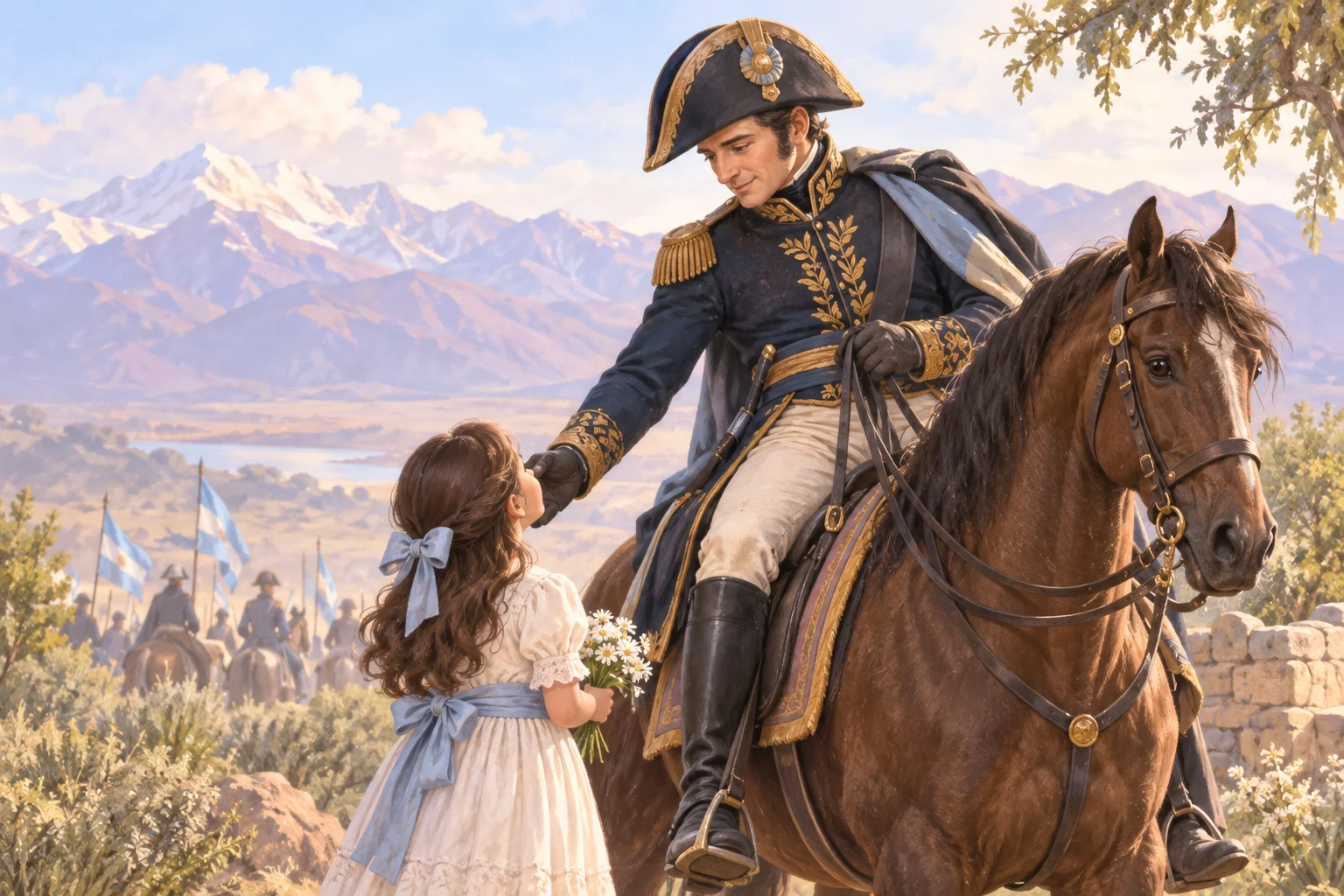 Ilustración de San Martín a caballo junto a una niña, con montañas y una bandera argentina en el paisaje.