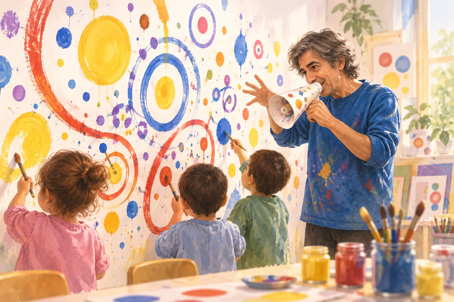 Ilustración de un taller de arte: un adulto juega con un cono de papel ante niños y un mural de trazos y círculos de colores.