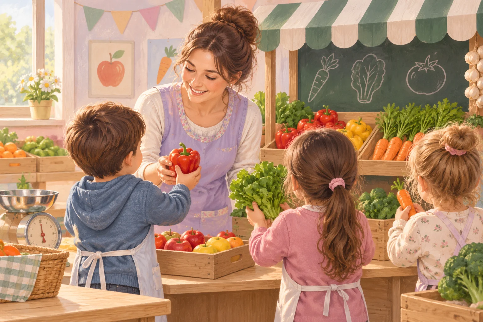 Una docente y un grupo de niños juegan en un puesto de verdulería con frutas, verduras, canastos y una balanza.