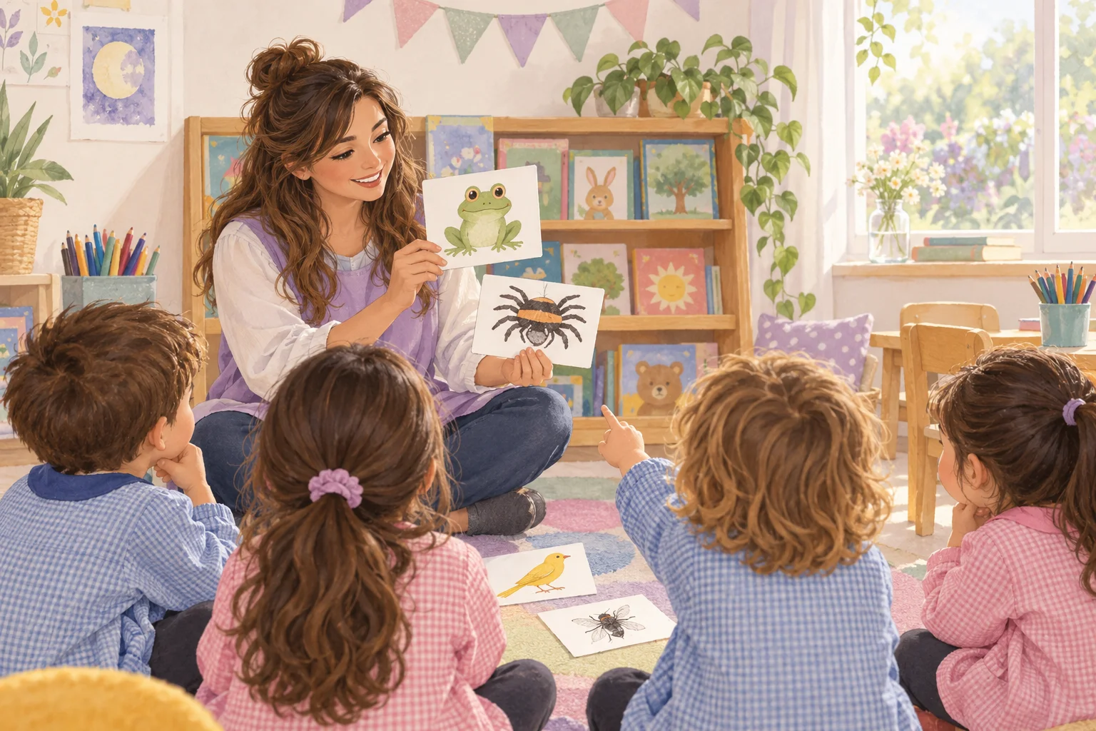 Una docente muestra láminas de una rana y un insecto a niños sentados en ronda, junto a dibujos y libros.