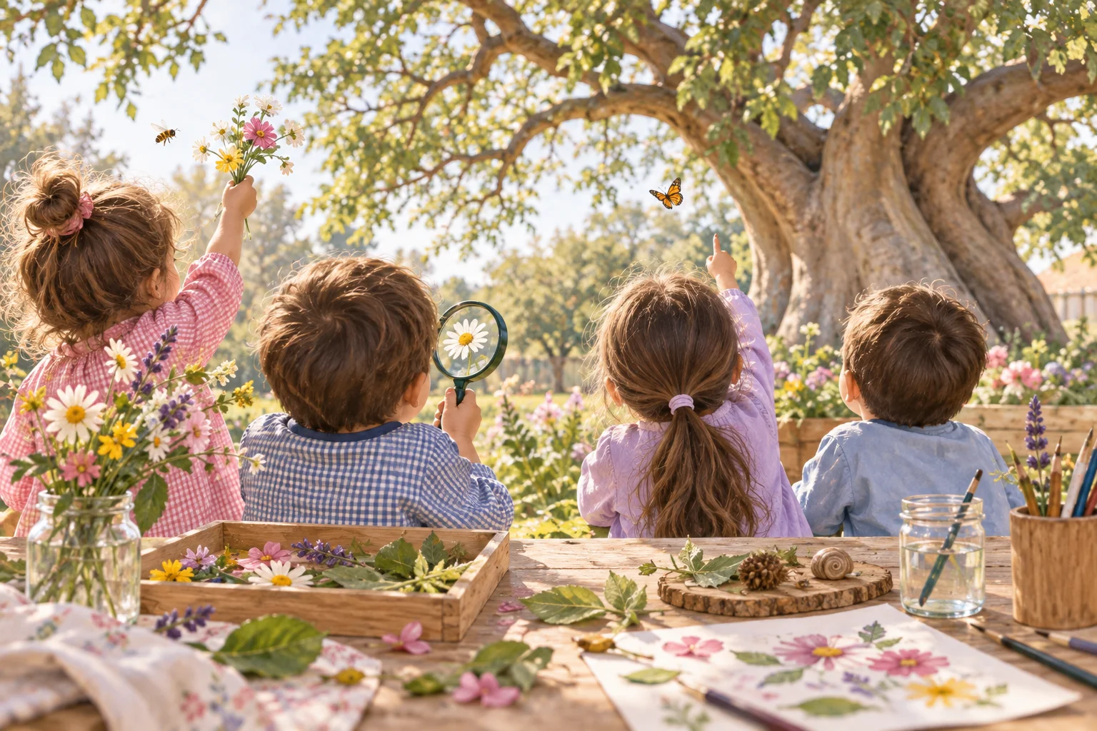 Una docente y tres niños observan un árbol y mariposas, junto a flores, hojas y materiales de exploración.