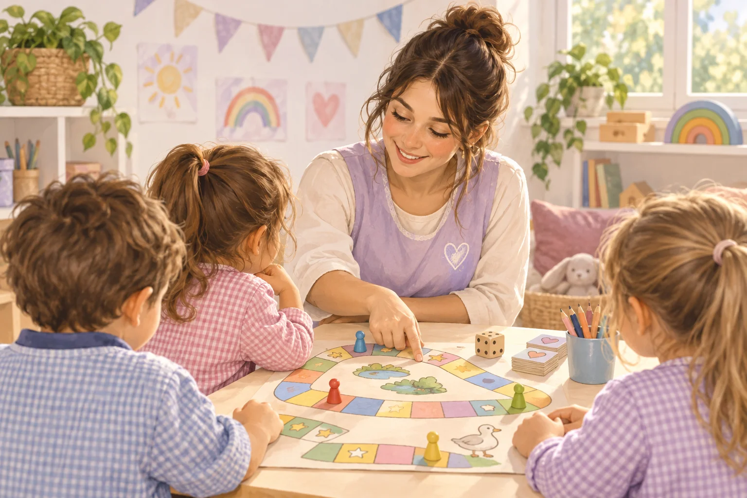 Una docente y un grupo de niños comparten un tablero con fichas de colores y un dado.
