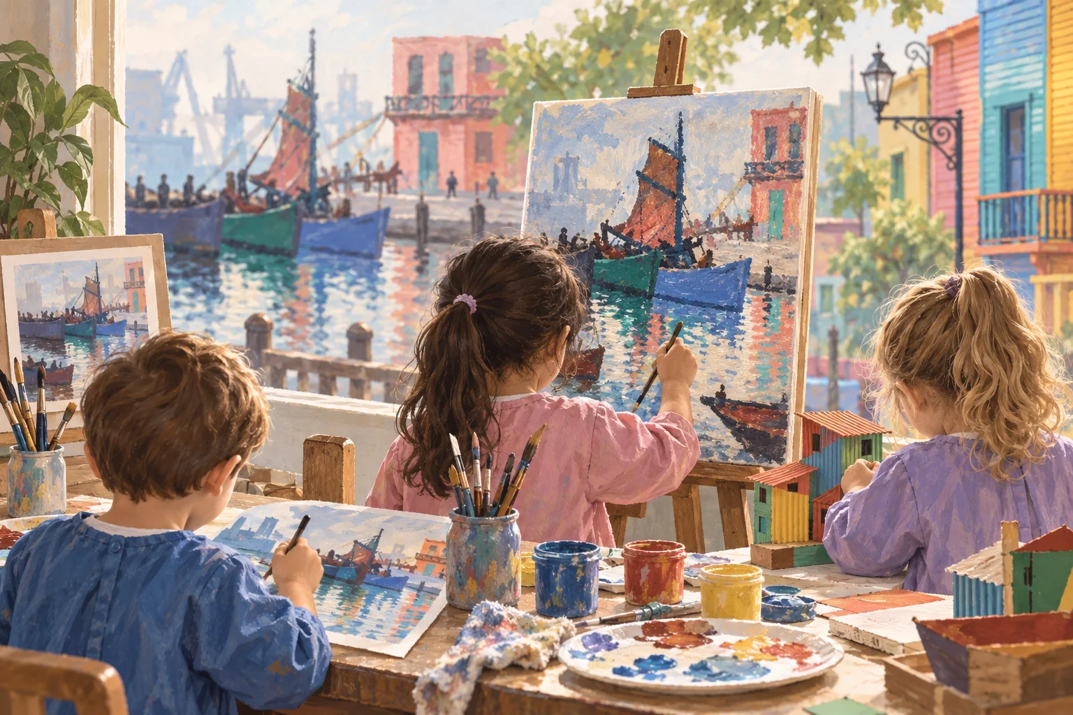 Niños pintan escenas de barcos y fachadas de colores en caballetes, inspirados en pinturas del puerto de La Boca.