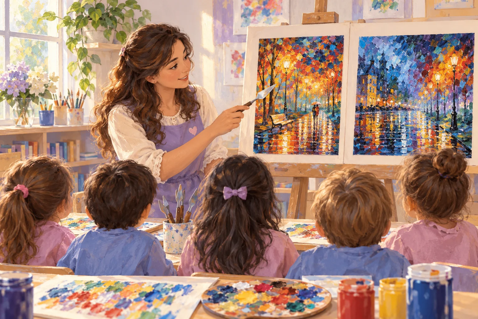 Una docente presenta pinturas de paisajes con colores intensos a un grupo de niños que exploran pinceles y paletas.