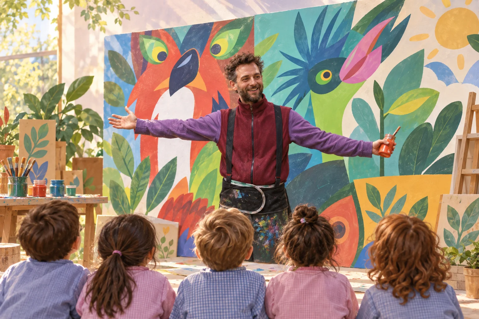 Ilustración de un artista con los brazos abiertos frente a un mural de aves y hojas de colores, ante un grupo de niños.