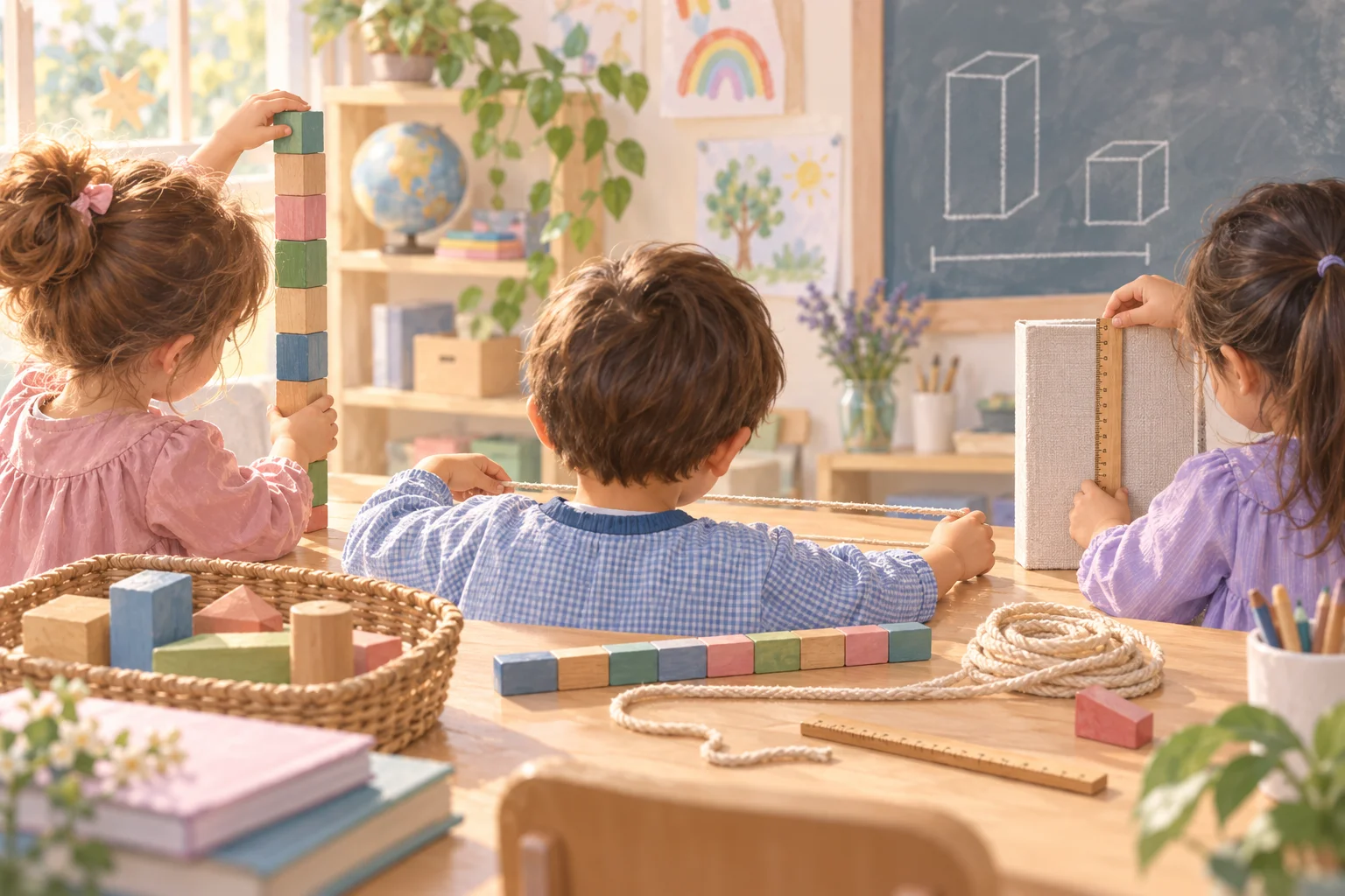 Niños comparan alturas y exploran bloques, sogas y una regla junto a un pizarrón con figuras geométricas.
