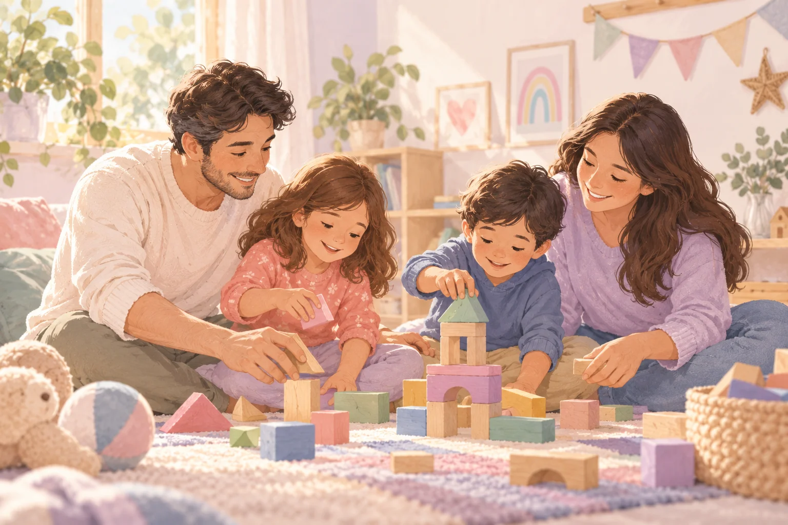 Dos adultos y dos niños construyen juntos con bloques de madera de colores sobre una alfombra.