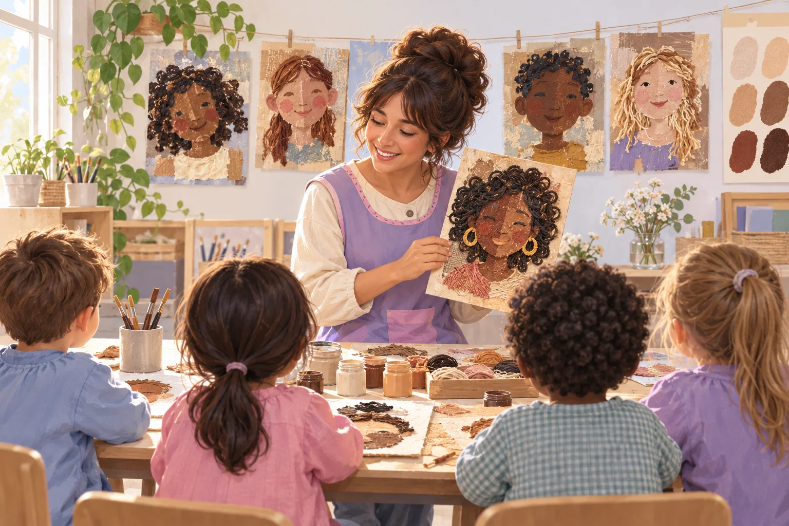 Una docente y un grupo de niños preparan retratos con materiales de distintos tonos de piel en una mesa del aula.