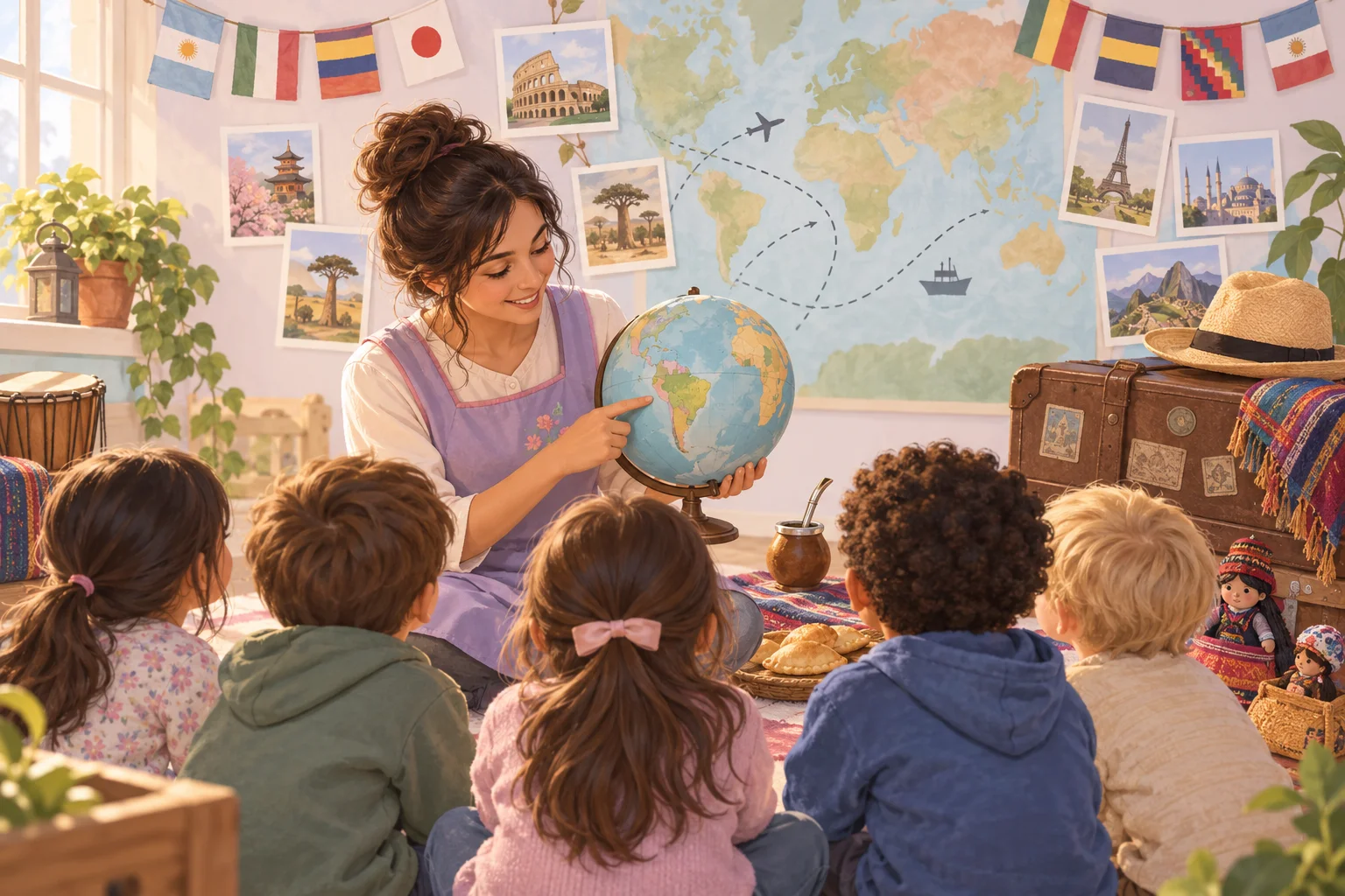 Una docente presenta un globo terráqueo a un grupo de niños, con postales, valijas y banderas de distintos países.