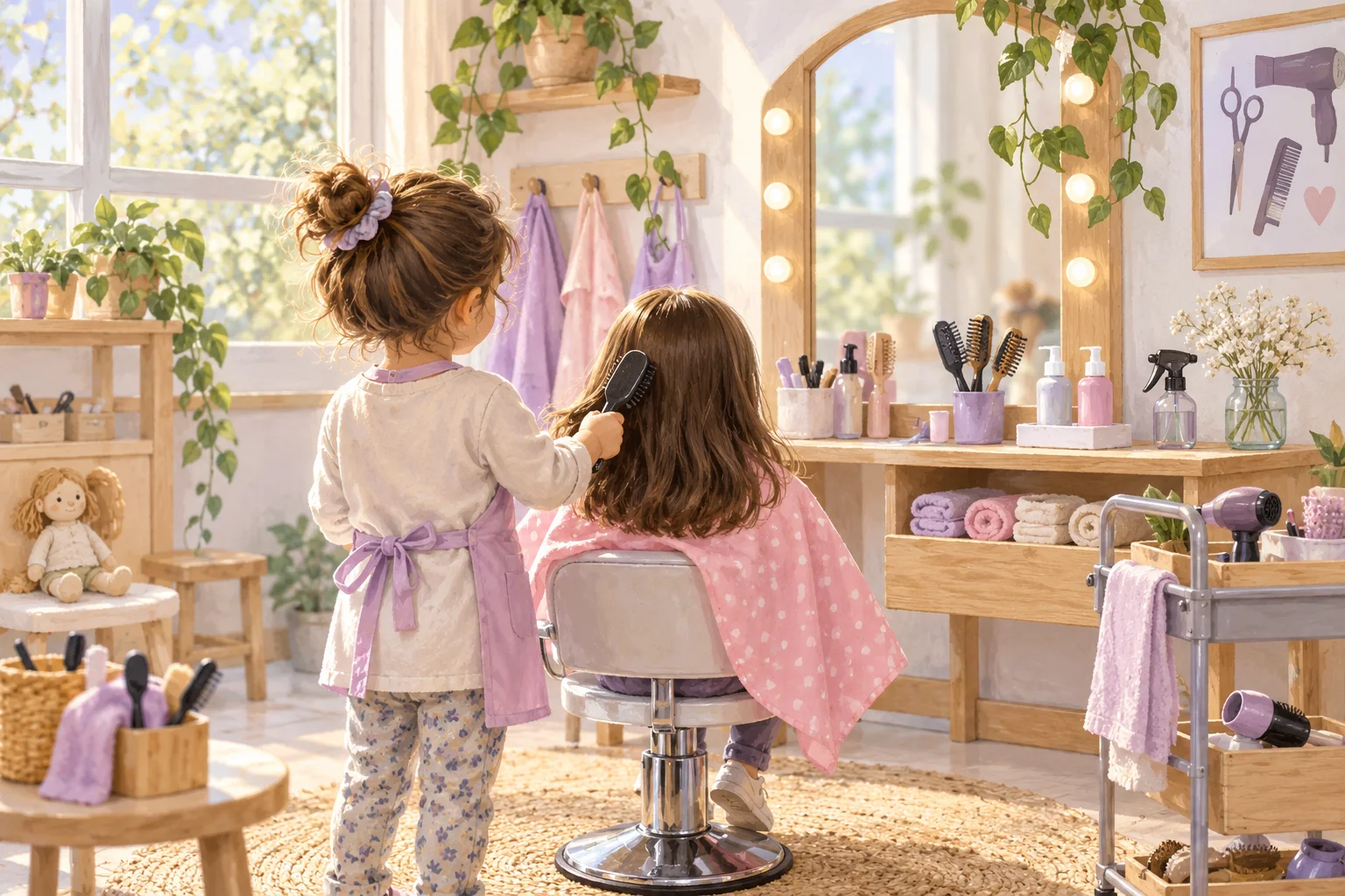 Dos niñas juegan a la peluquería con un sillón, un espejo y accesorios, en un escenario preparado dentro del aula.