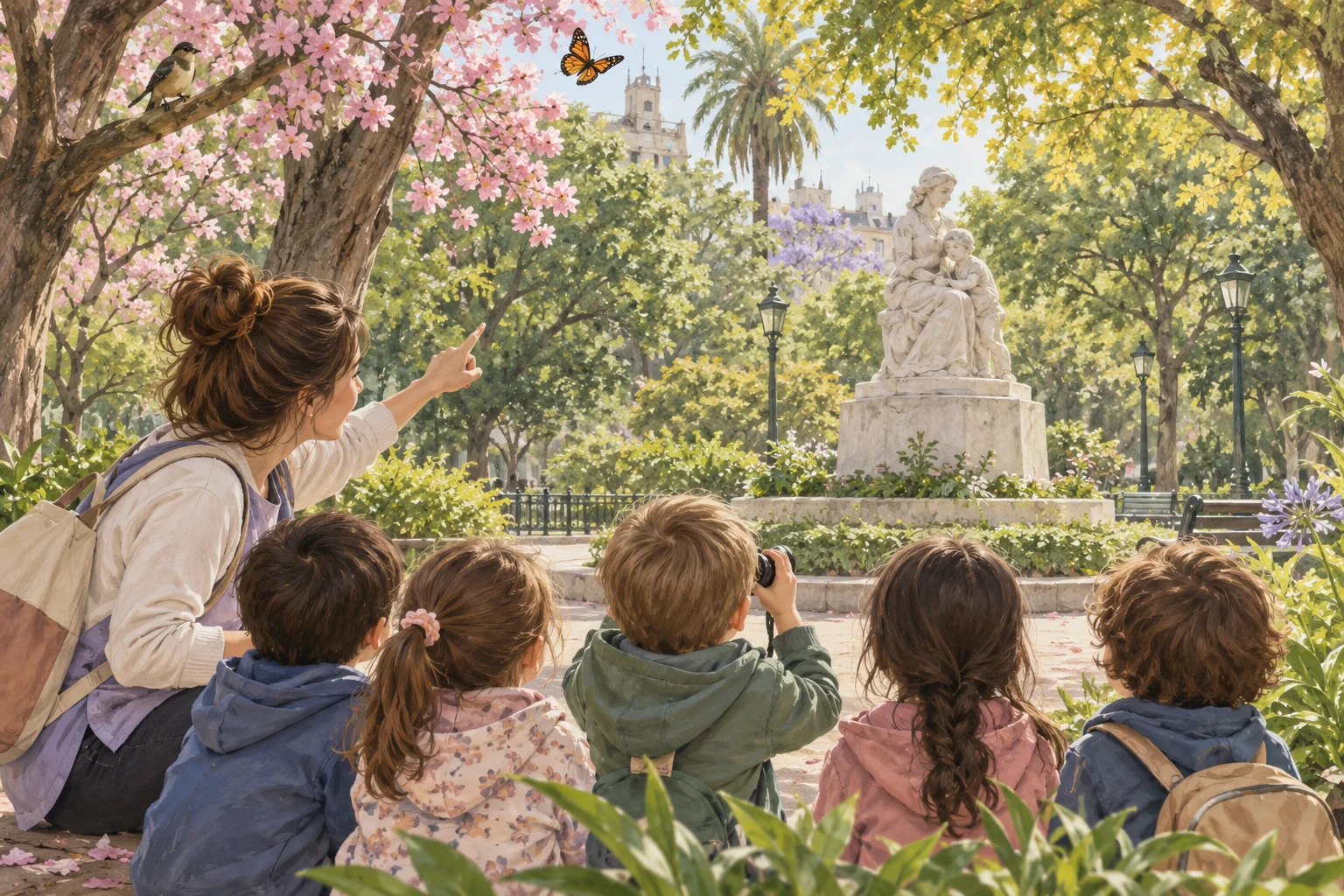 Una docente y cuatro niños observan árboles en una plaza, con vegetación, flores y un monumento al fondo.
