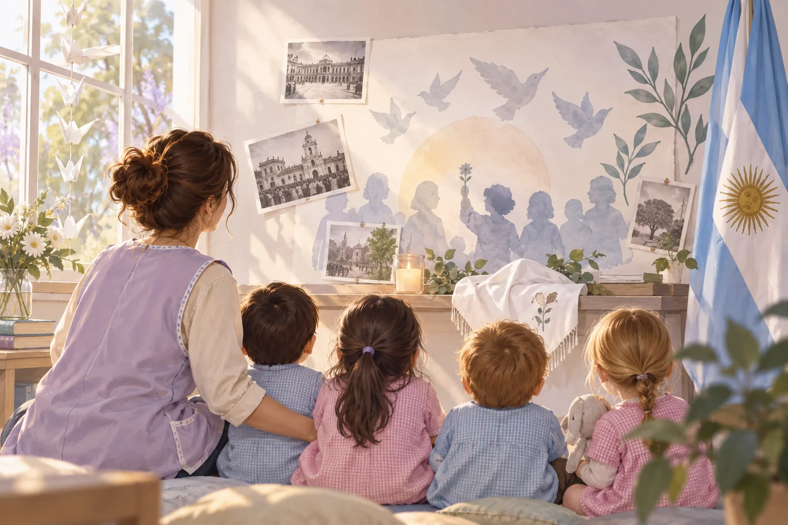 Una docente acompaña a niños que observan un mural de siluetas, palomas y fotografías, junto a una bandera argentina.