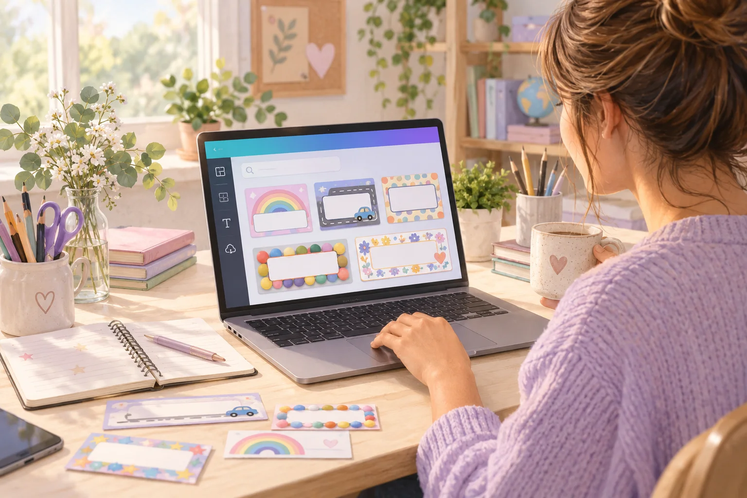 Una docente utiliza una computadora con plantillas ilustradas, junto a lápices, cuadernos y materiales para el aula.